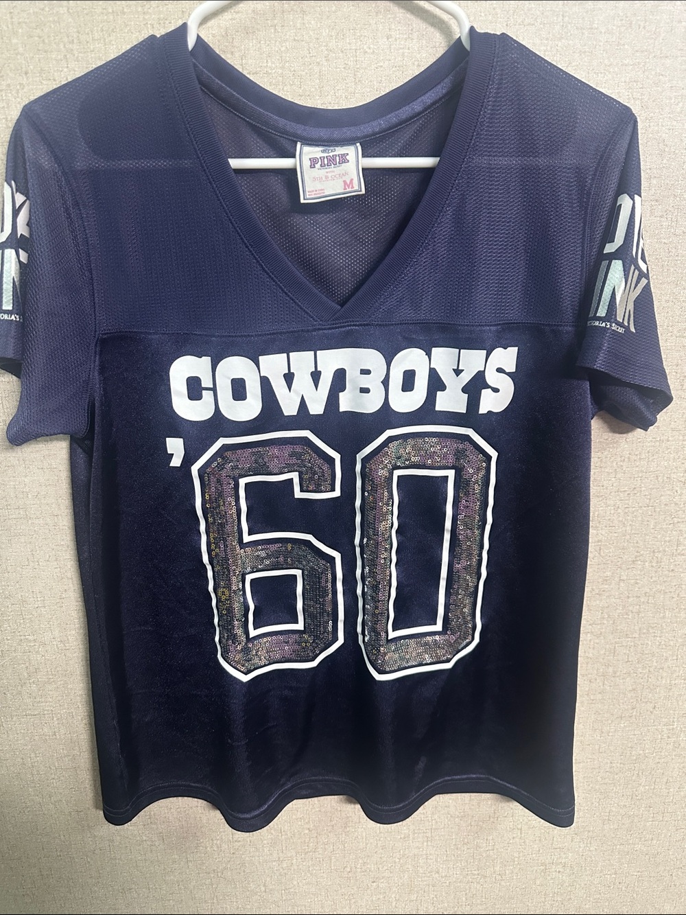 PINK Victoria's Secret Navy 'COWBOYS' Sequin '60' Jersey Tee